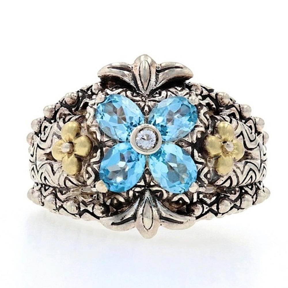 NIB Barbara Bixby 18k Blue Topaz Lotus Ring, 8